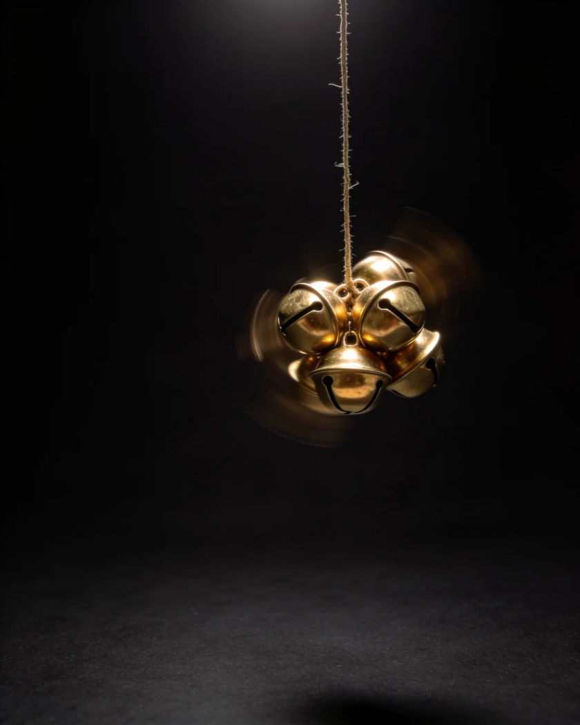 A small cluster of plain brass jingle bells caught mid-shake on a short cord, light glinting off the bells