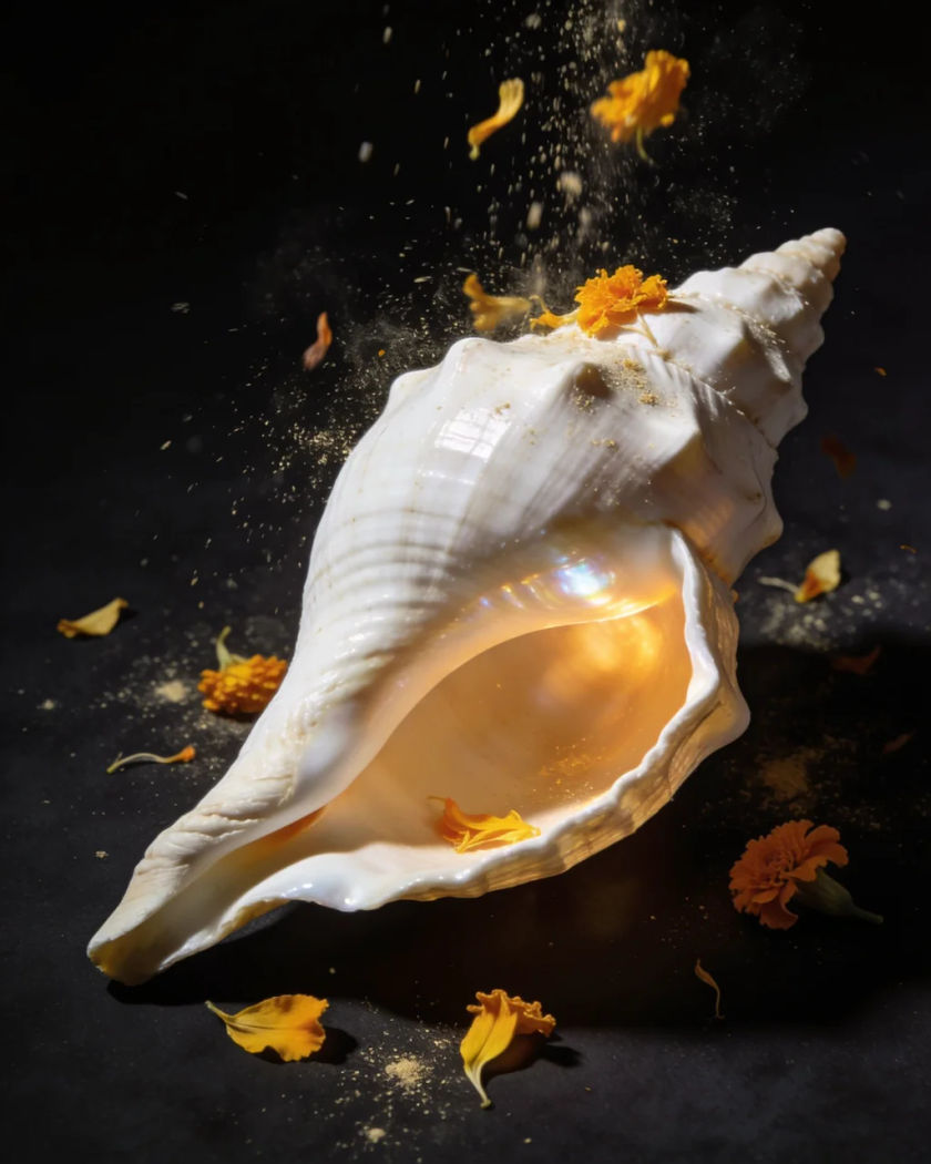 A white conch shell in warm light with marigold petals and fine dust drifting around it