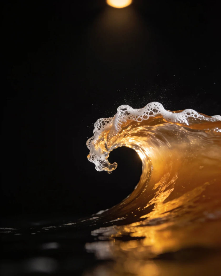 A small curling crest of seawater with a lace of white foam suspended in mid-air, glowing amber under warm light on black