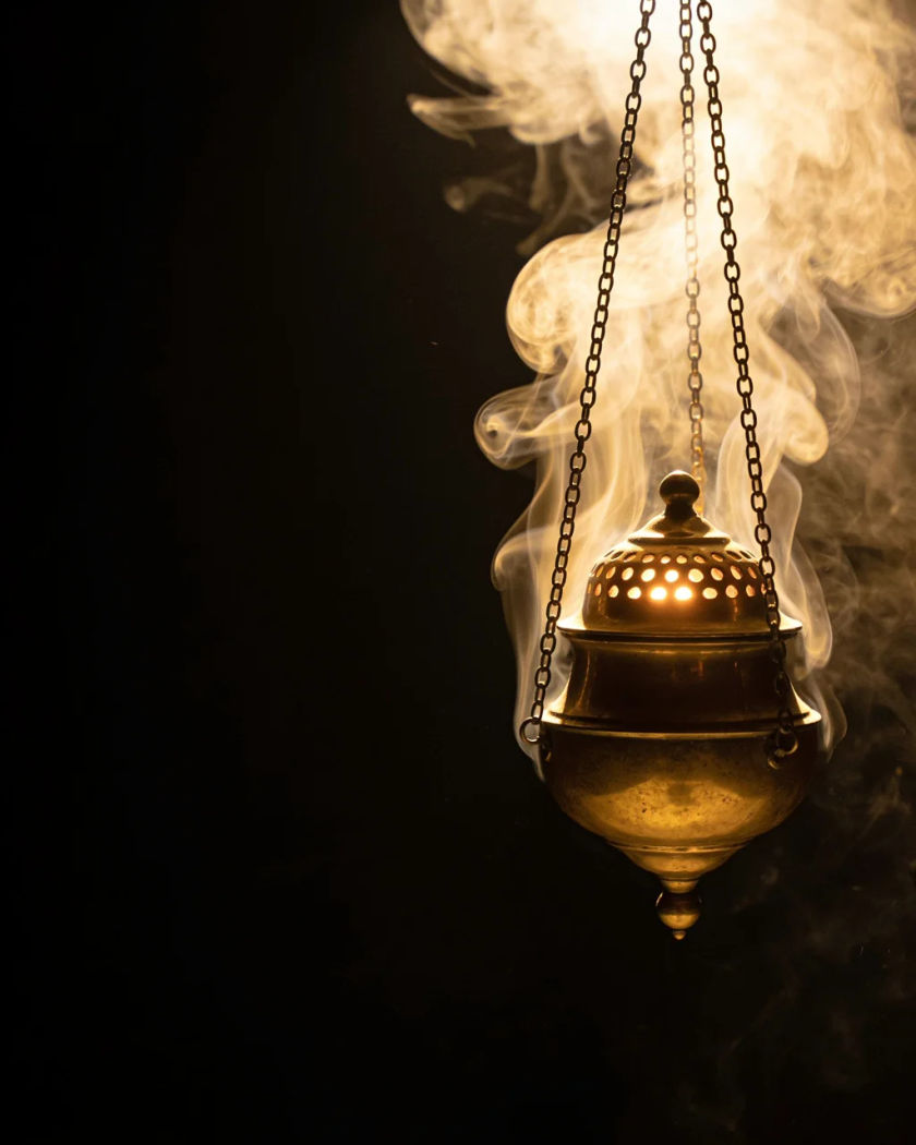 A brass censer swinging on its chains under warm light, pale smoke curling from its pierced lid against a black ground