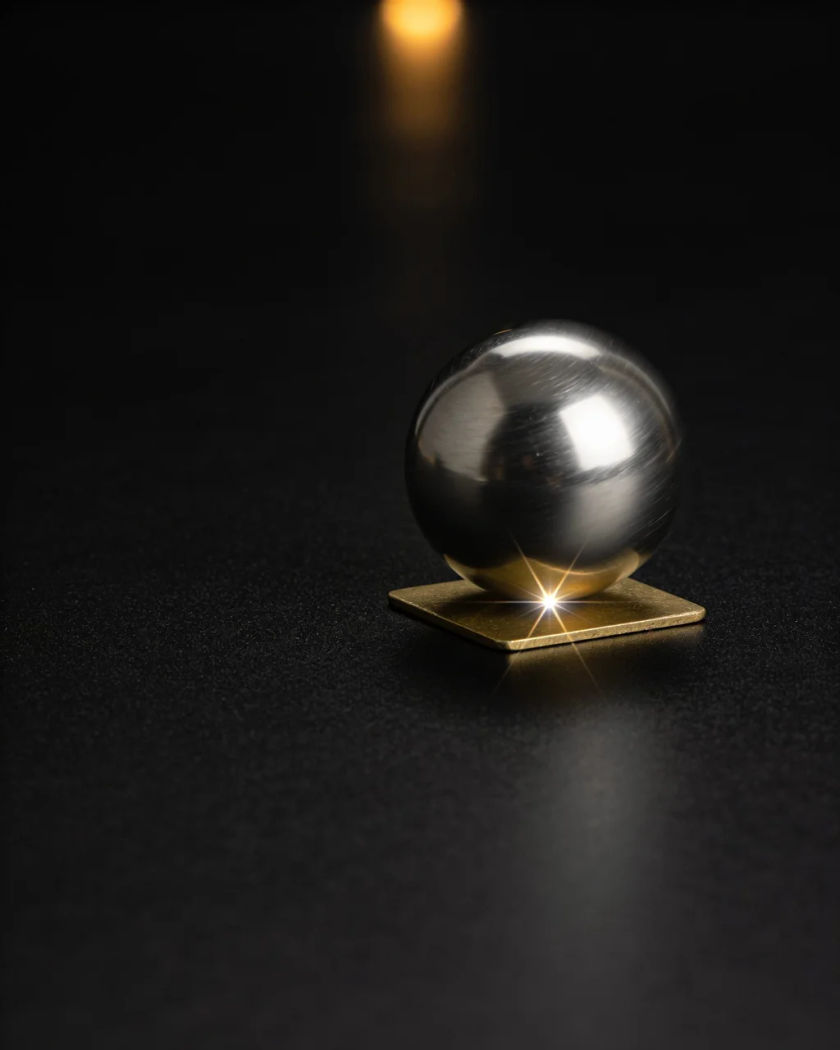 A polished steel ball bouncing off a brass plate, a bright glint of light flashing at the point of contact