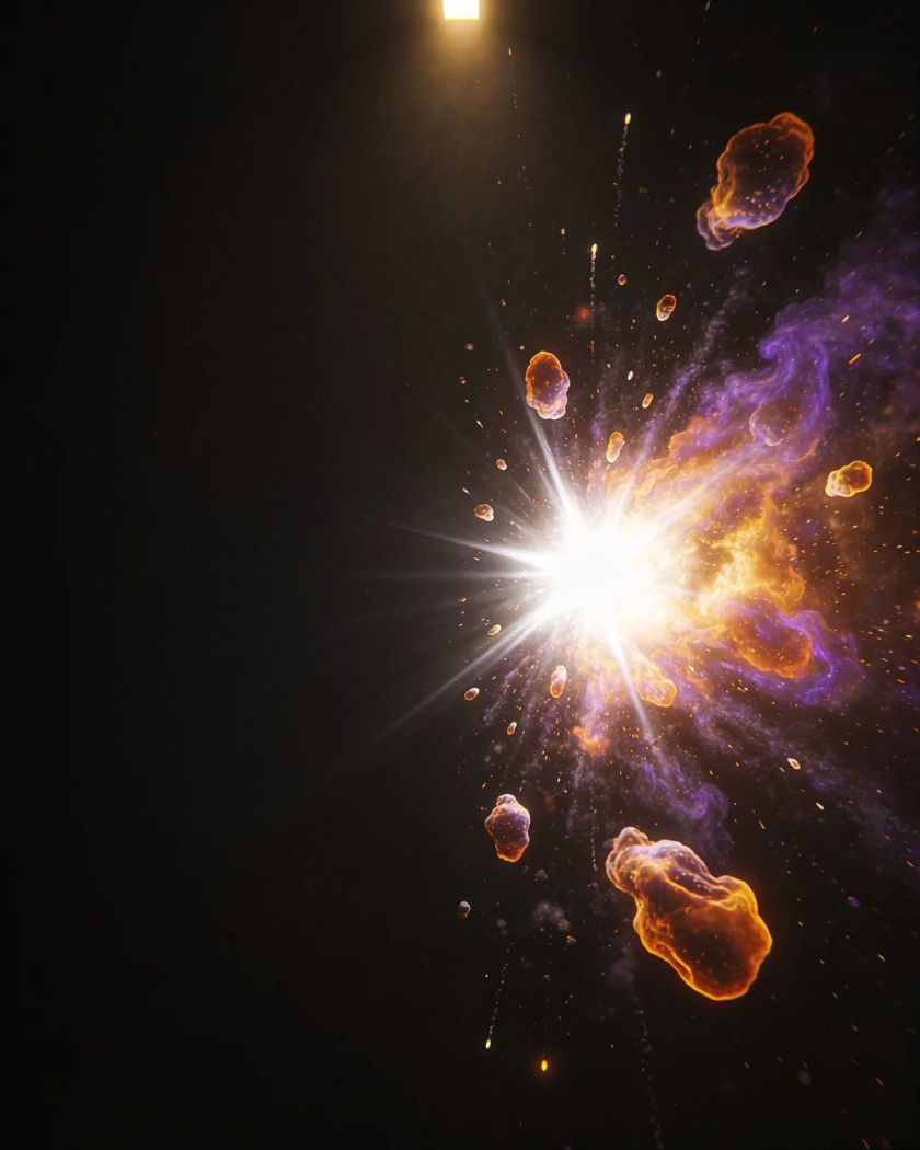 A blinding white star bursting outward in a supernova, glowing shells of orange and violet gas flying off