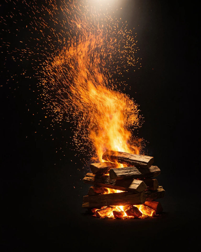 Burning logs in a campfire throwing a spray of bright orange sparks upward into the dark
