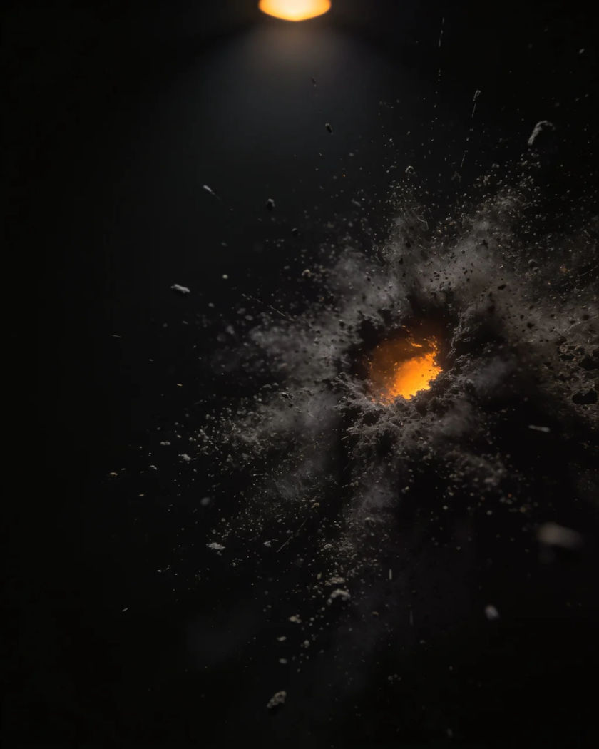 A dark shockwave ring of dust bursting outward from a single point, rippling across black ground