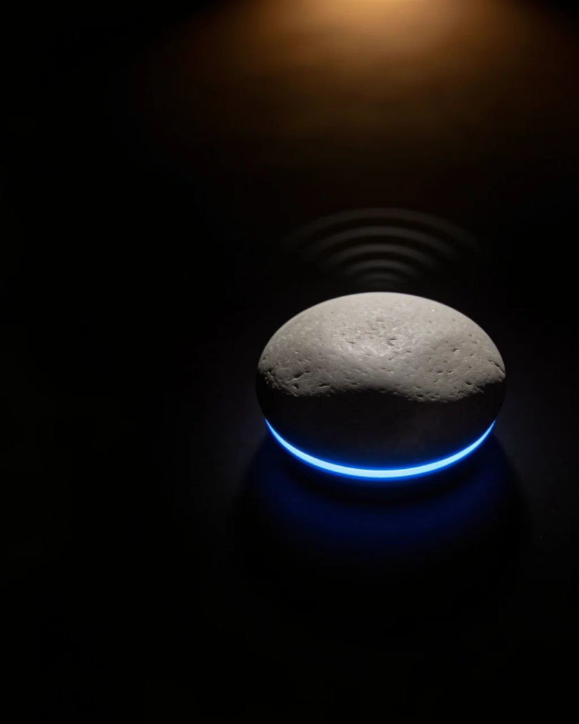 A small round grey device buzzing on black, a ring of cool blue light glowing around its base under warm light from above