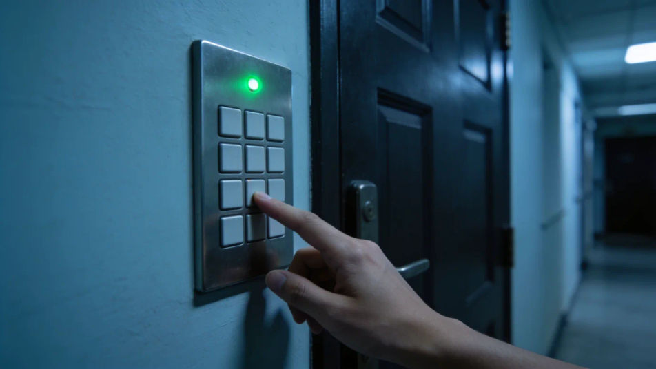 Imply a code being keyed in behind a door