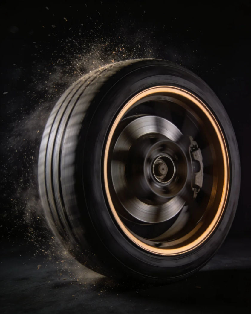 A plain dark car wheel and brake disc spinning on a highway at dusk in heavy motion blur, warm low sun catching the rim