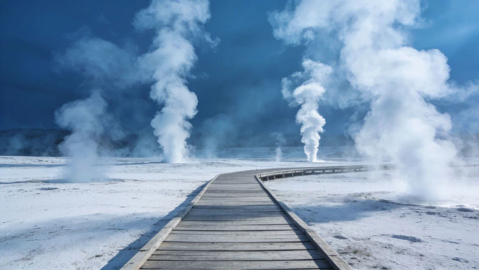 Open on a steaming geyser basin