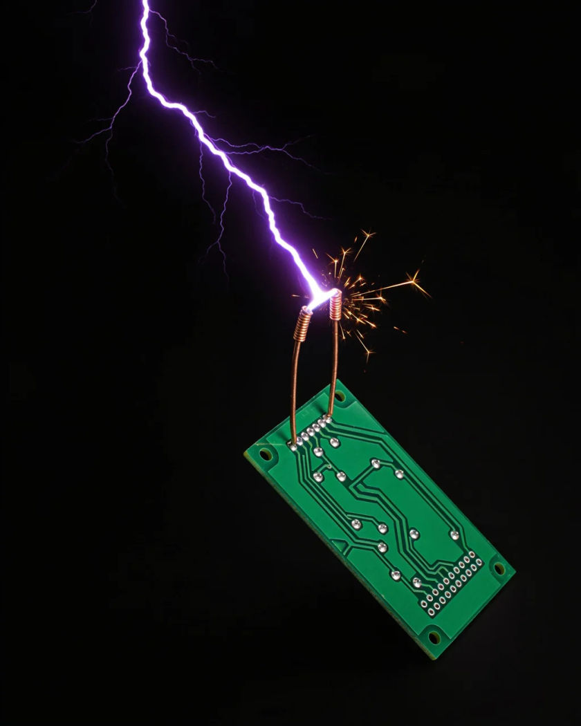 A bare green circuit board under a dark ground, one bright violet electric arc jumping between two copper contacts with sparks lifting off