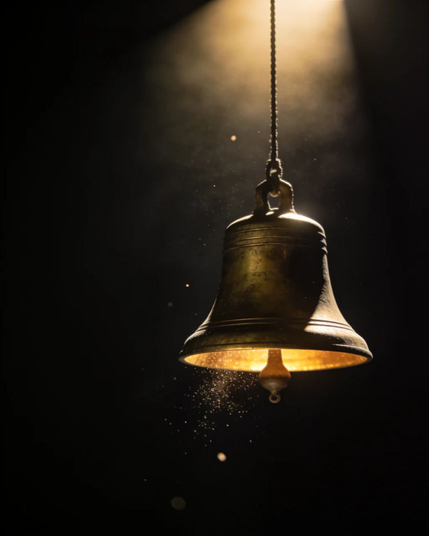 A heavy brass bell hanging in darkness under a single warm light from above, its rim still shimmering after the last strike