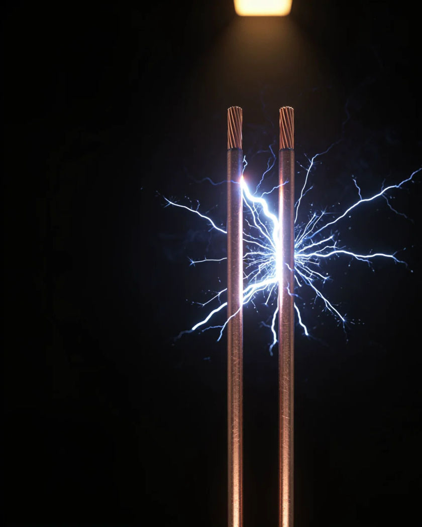 A bright electric arc snapping between two copper electrodes in warm light from above against a black ground, sparks bursting outward