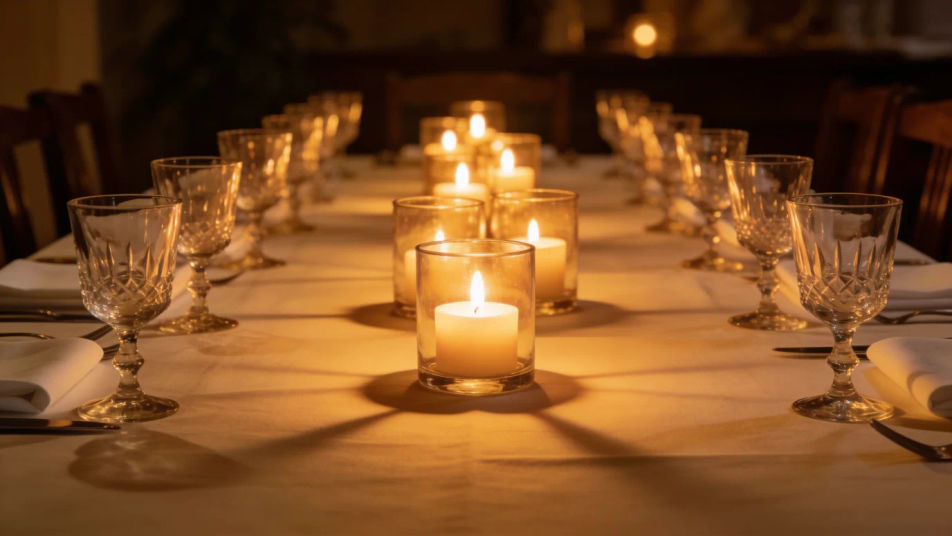Open on a candlelit dinner table