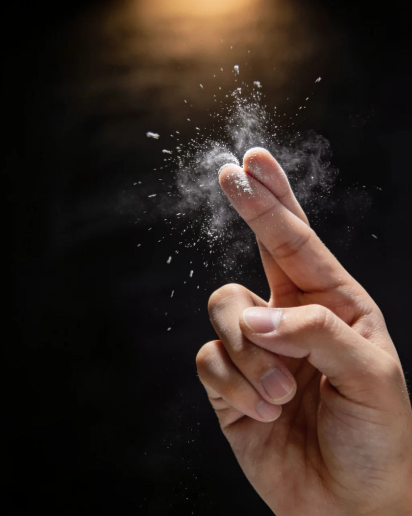 A hand caught mid finger snap, a fine burst of chalk dust flying from the fingertips