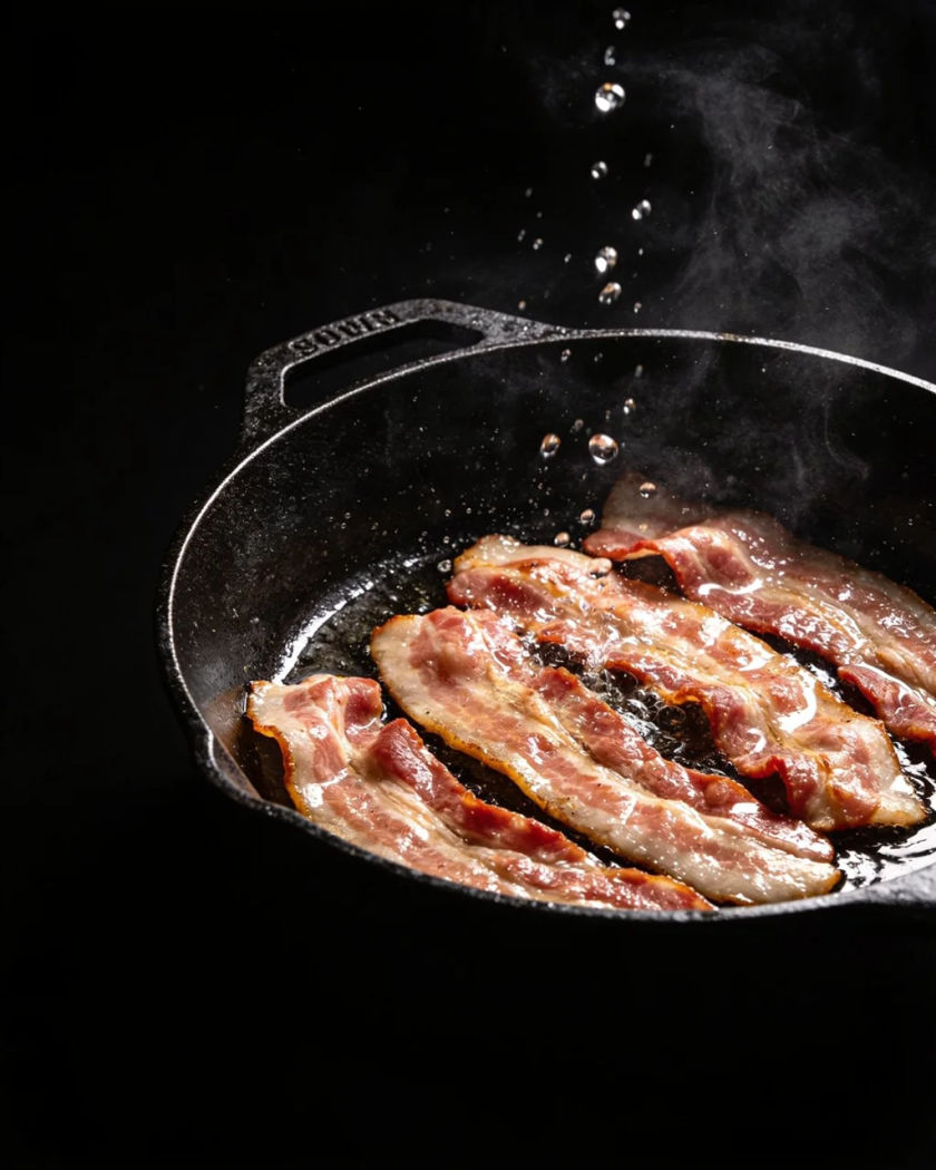 Strips of bacon sizzling in a black iron pan, fat spitting up in bright droplets under one warm light from above