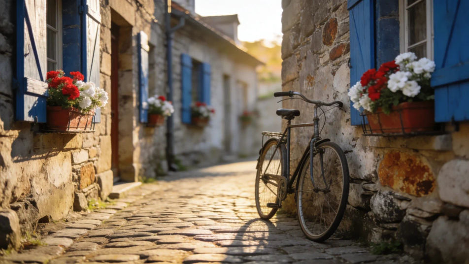 Set the scene on a cobbled French street