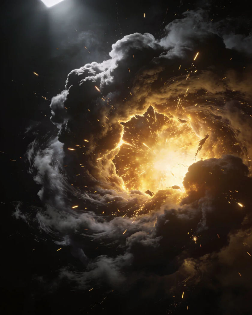 A blazing burst of golden light breaking through a ring of dark storm clouds, glowing sparks flying outward