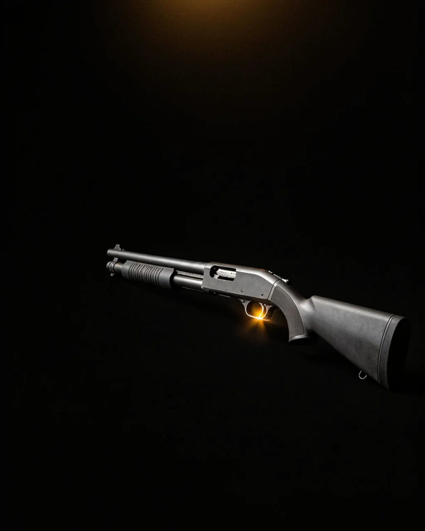 A plain pump-action shotgun lying side-on under warm overhead light on black, its slide pulled back mid-rack