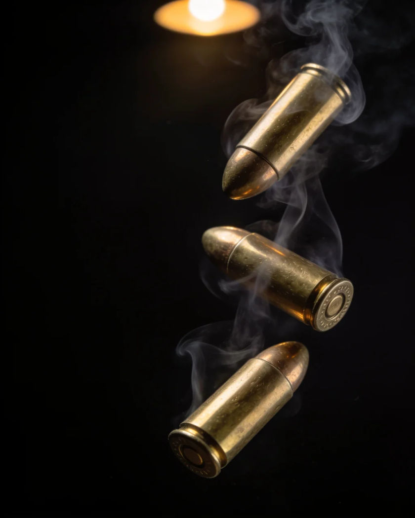 Three spent brass casings tumbling in mid-air under warm light on black, a thin curl of grey smoke drifting above them