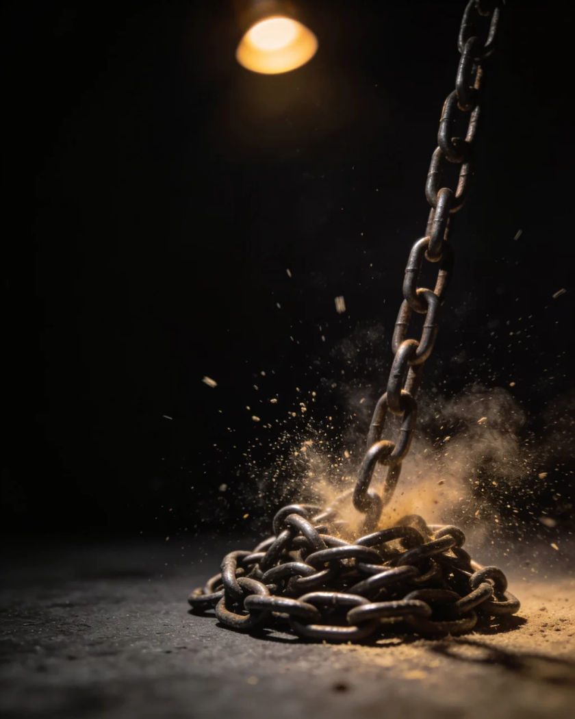 A thick iron chain falling into a heap on concrete, dust jumping up around the heavy links
