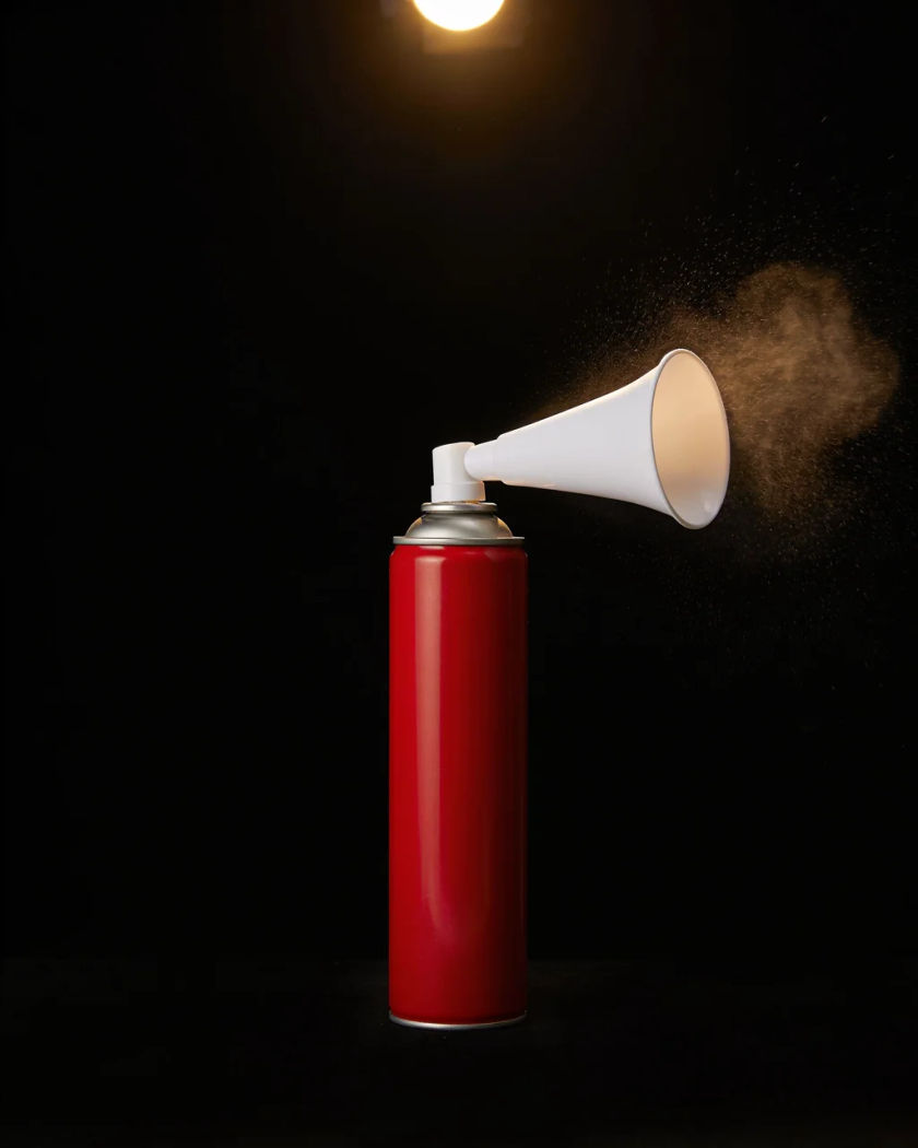 A plain red handheld air horn mid-blast under warm light from above against a black ground, a fine mist bursting from its trumpet