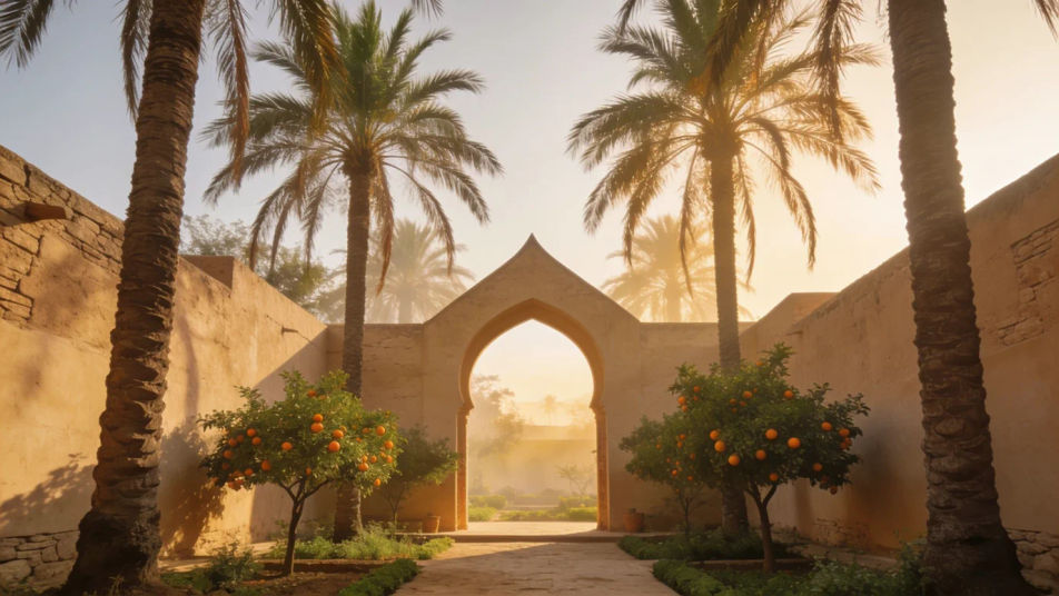 Place the scene in a sunlit mosque courtyard