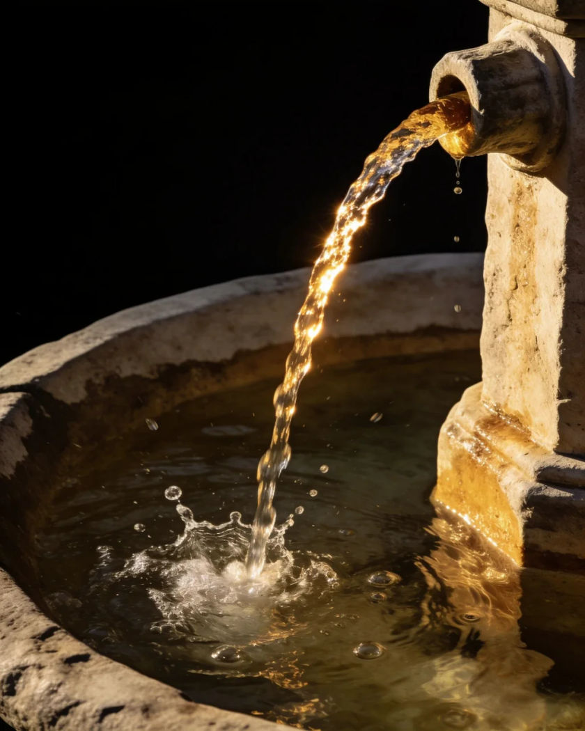 A stone fountain spout pouring a bright arc of water into a basin, droplets splashing up in warm light