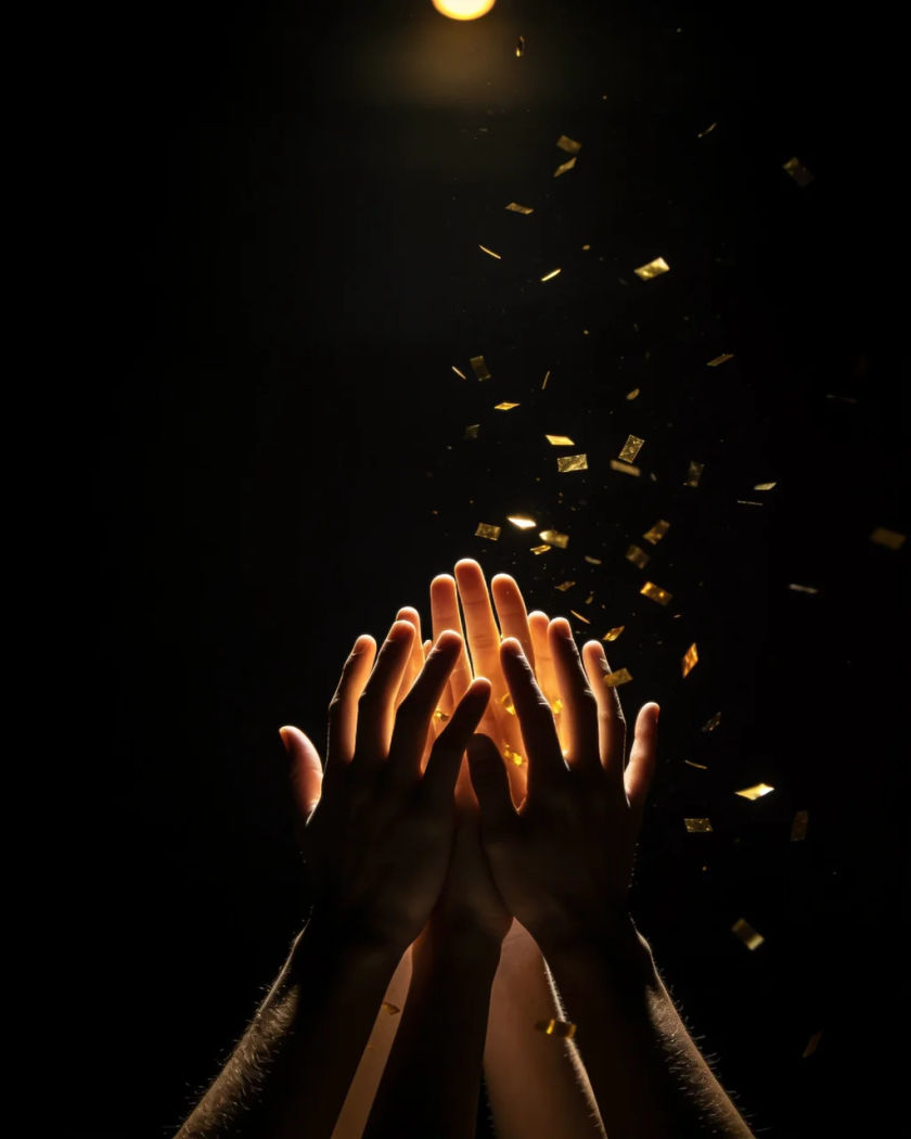 Raised arms of a crowd seen from behind with confetti flying under a single overhead light against a black background