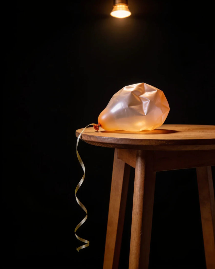 A deflated party balloon slumped on a table under warm light against a black background