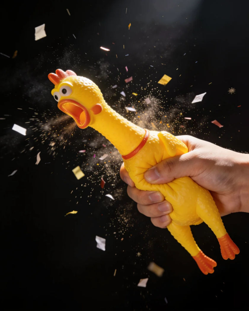 A bright yellow rubber chicken squeezed mid-squawk in a hand with confetti bursting around it on a black background