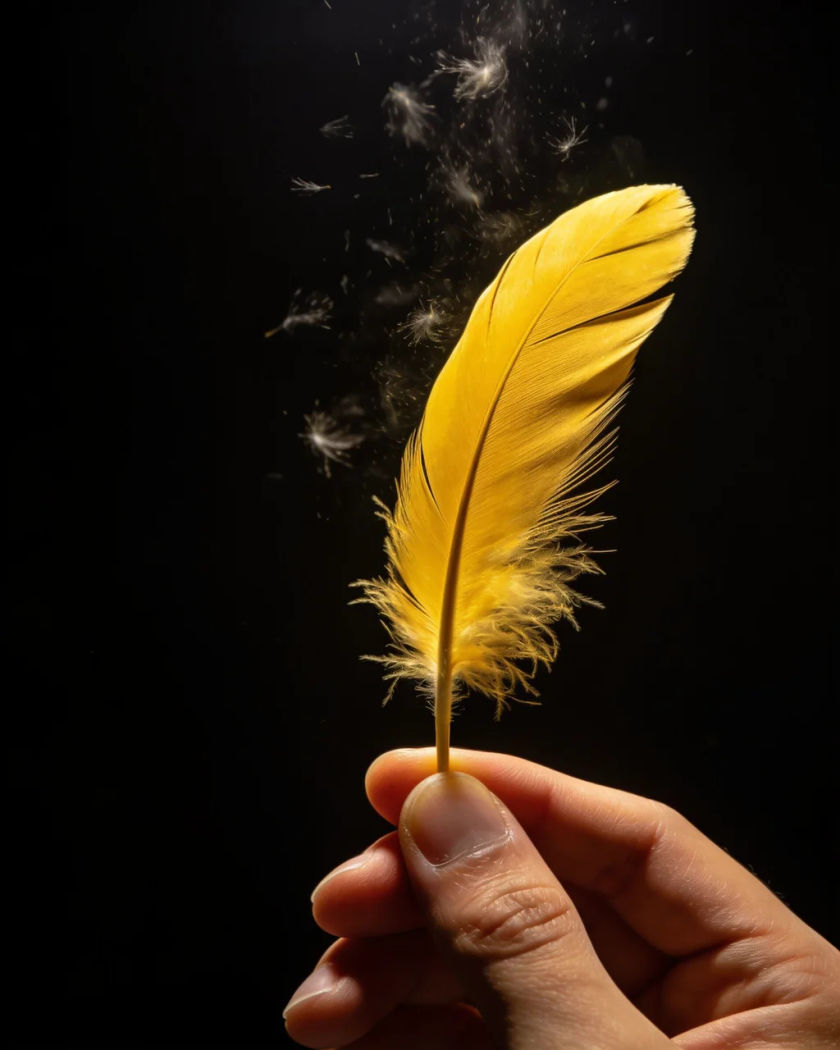 A bright yellow feather held at a diagonal under warm side light, fine fluff drifting off it against a black ground