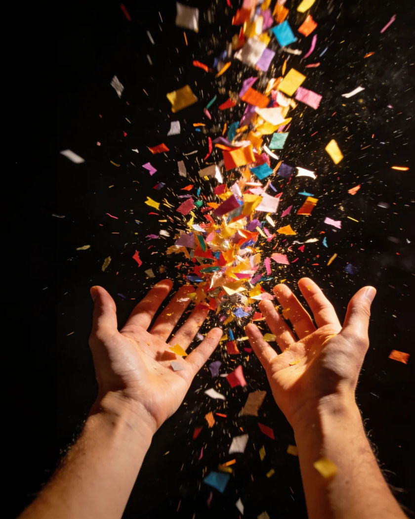 A burst of colourful paper confetti exploding up from a pair of open hands in warm light against a black background
