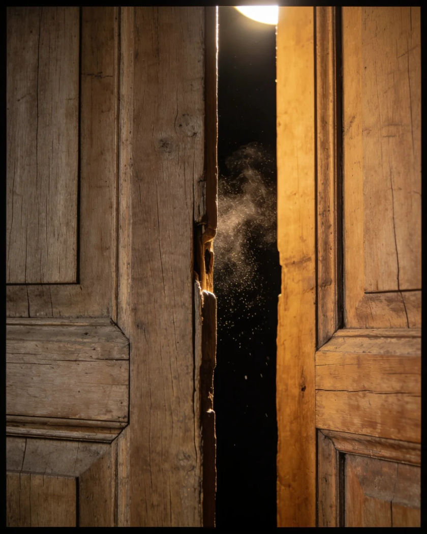 A weathered wooden door creaking open onto a dark corridor under warm light against a black background