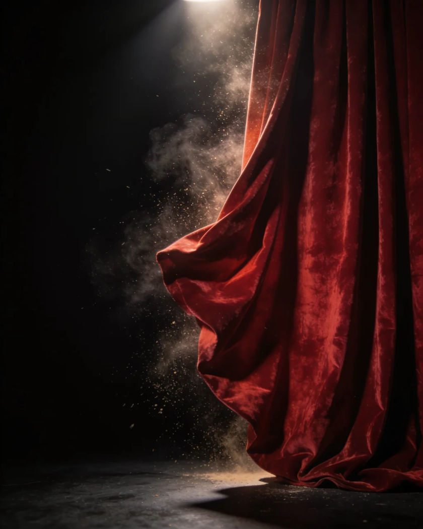 A velvet curtain being yanked aside mid swing under warm light against a black background