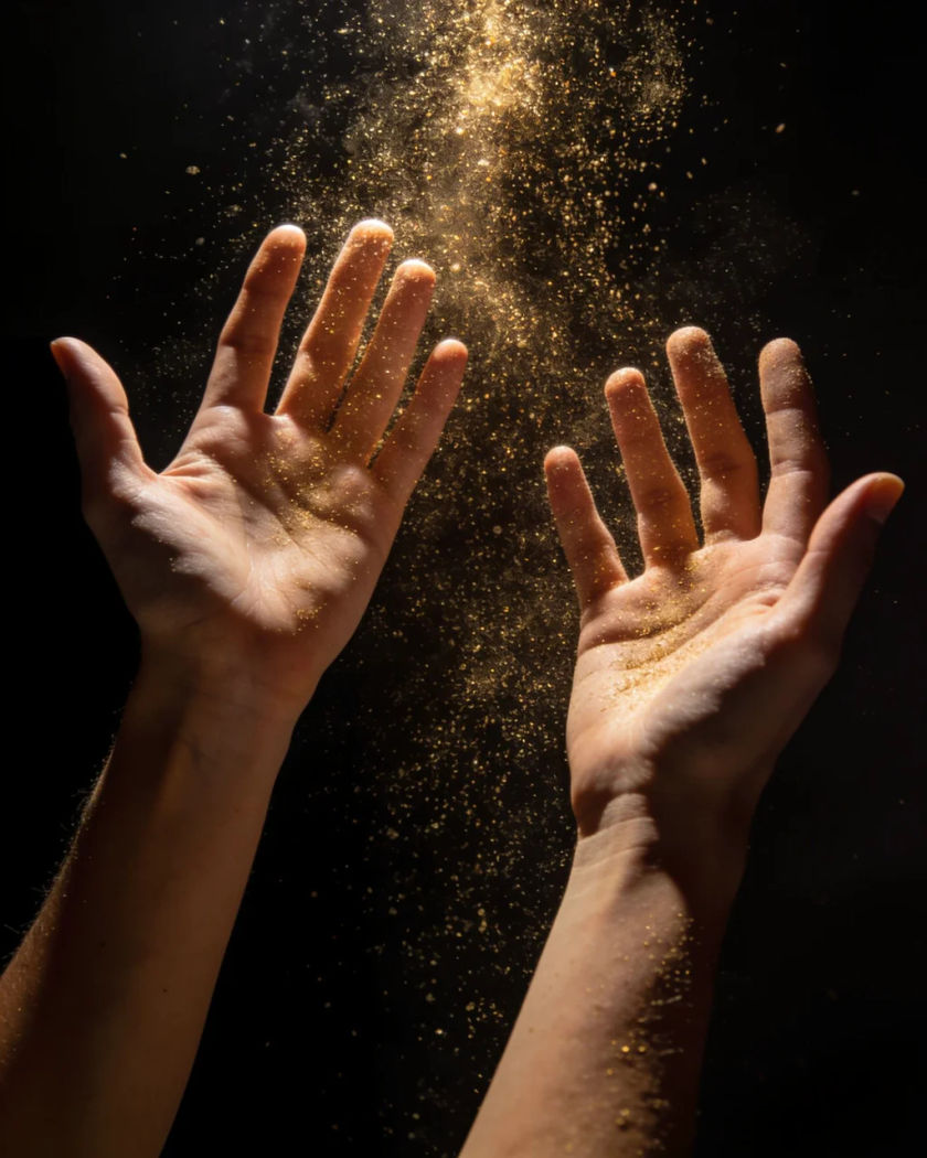 Two open hands raised high with golden dust drifting around them under a single overhead light against a black background