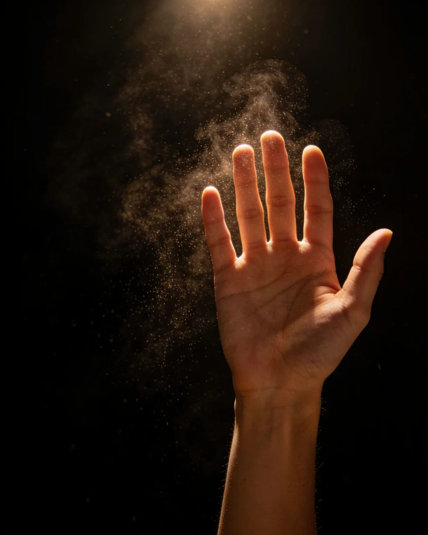 A raised open hand mid wave lit by warm side light against a black background