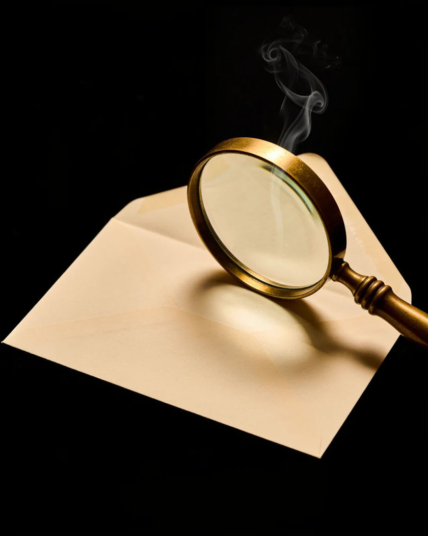 A brass magnifying glass tilted over a dark desk, its lens catching warm side light against a pure black ground