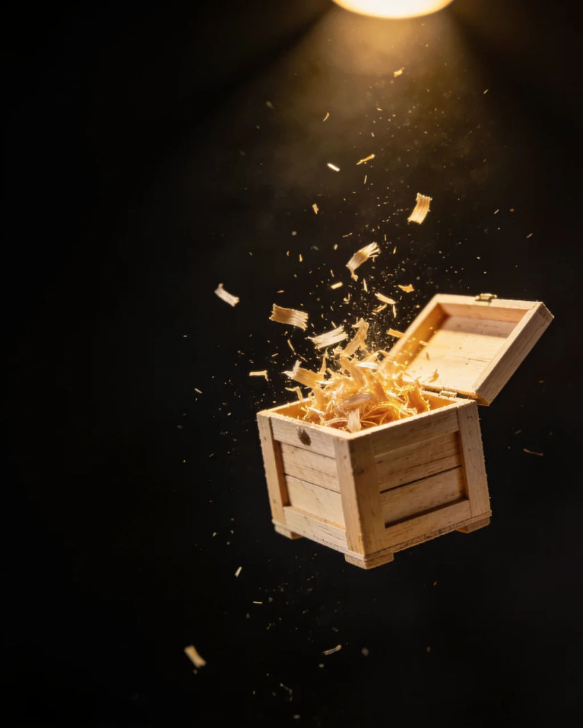 A wooden crate bursting open at a low angle, golden light and wood shavings flying out against a black ground