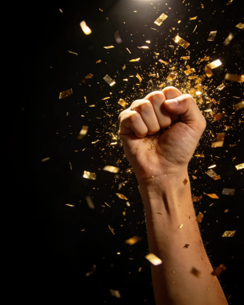 A clenched fist punching upward under warm side light, gold confetti exploding around it against a black ground
