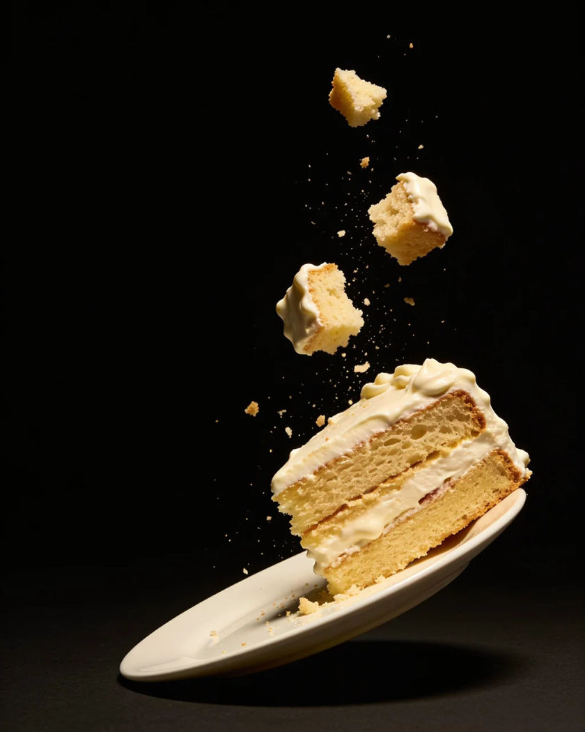A frosted layer cake tipping off a plain white plate at a low angle under warm side light, icing flying against a near-black ground