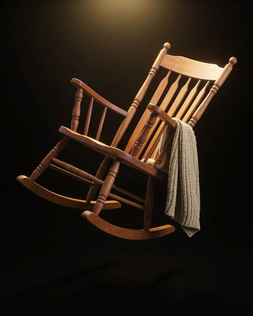 A wooden rocking chair caught mid-rock under warm side light, a blanket slipping off its arm against a black ground