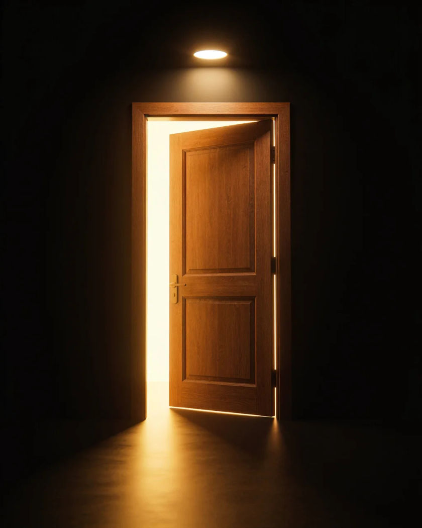 A heavy wooden front door swinging open with warm light pouring through the gap against a pure black ground