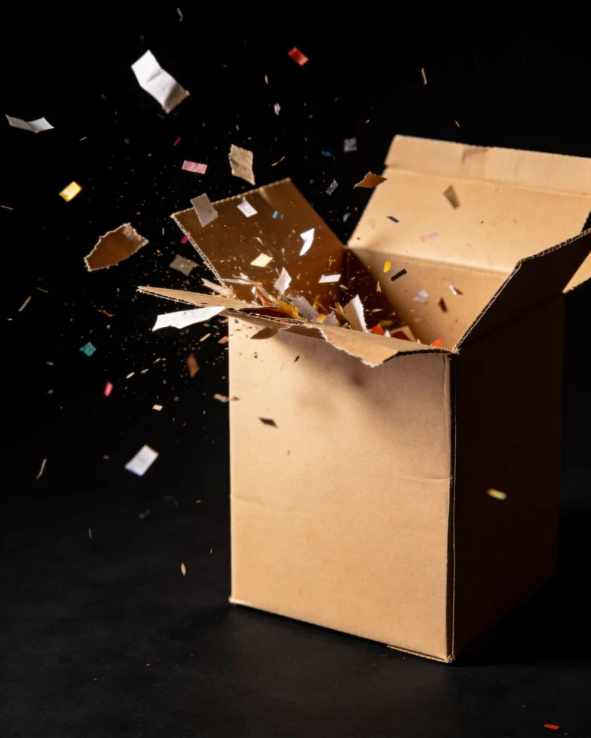 A plain cardboard box bursting open with paper scraps flying under warm light against a black background