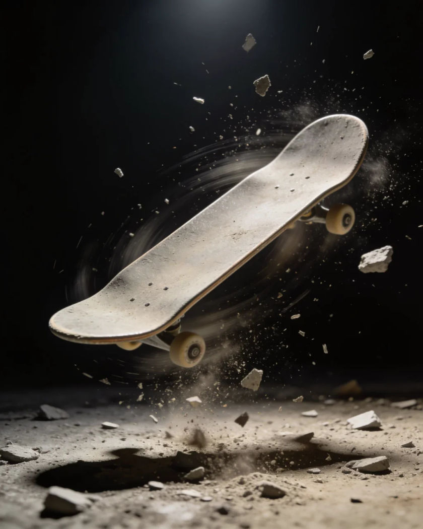 A plain skateboard deck spinning mid-air with chips of concrete and dust flying around it in warm light against a near-black ground