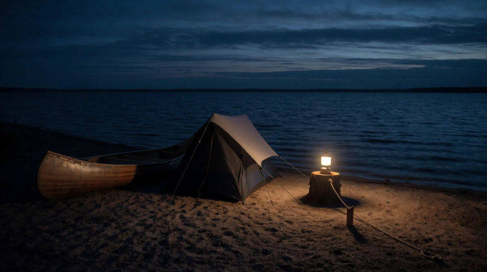 Show a camp is set up by the water