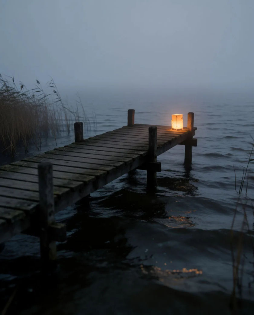 A weathered wooden jetty running out into dark still water, a single paper lantern glowing amber at its end, reeds in soft focus at the edge