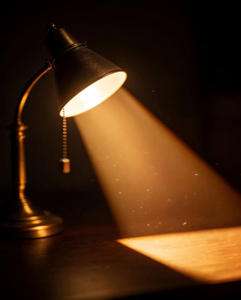 A single brass desk lamp casting a tight cone of warm light onto a dark surface, a thin pull chain swinging gently beside the shade