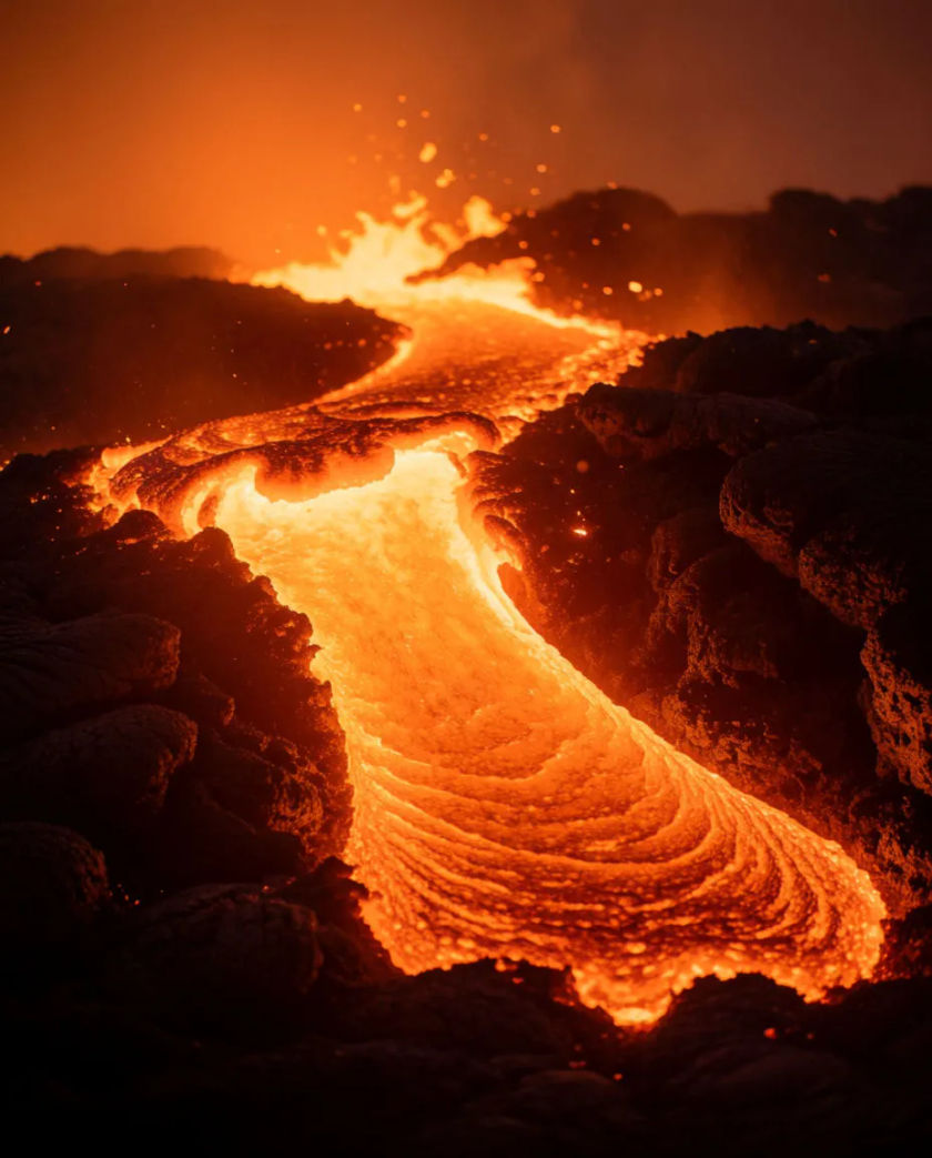 A slow river of molten rock crawling through black volcanic stone, a glowing seam splitting the dark crust in a thin orange line
