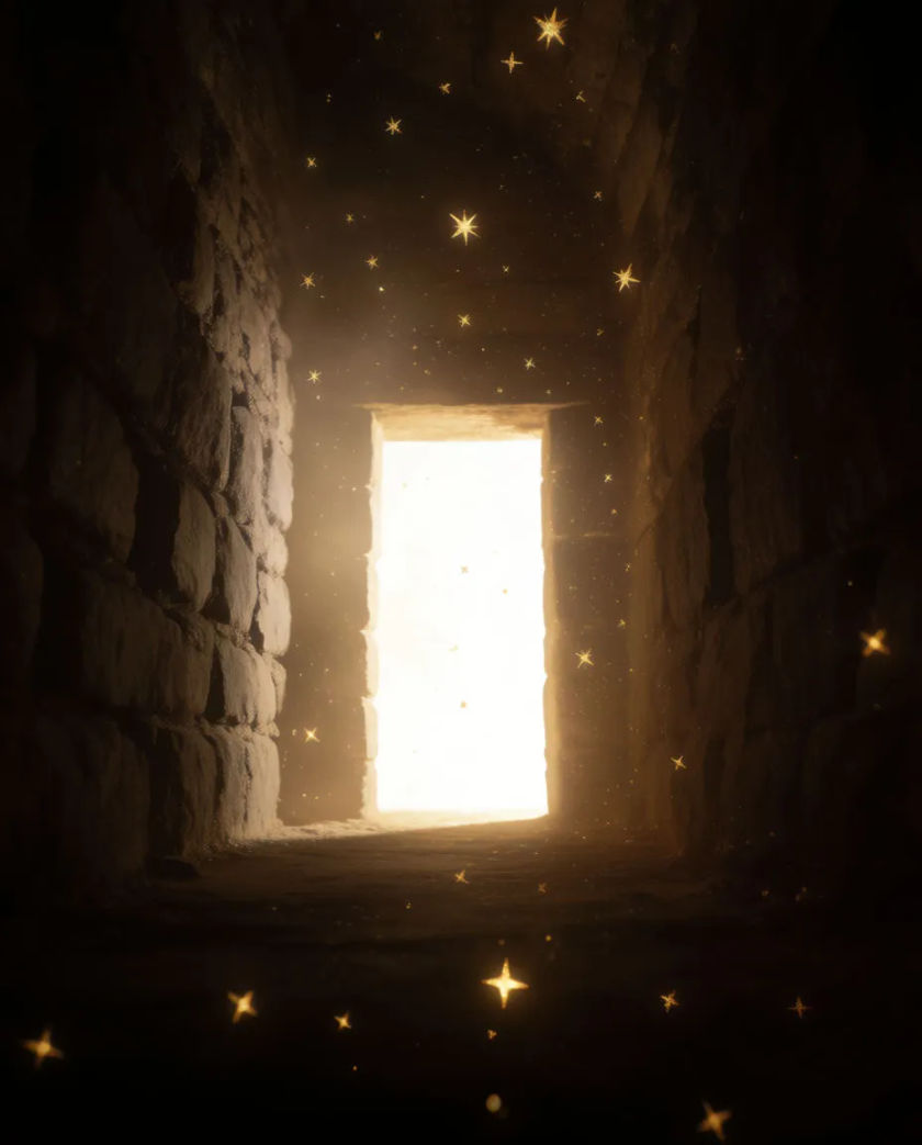A glowing doorway of white light opening at the end of a dark stone corridor, floating gold stars drifting upward in front of it
