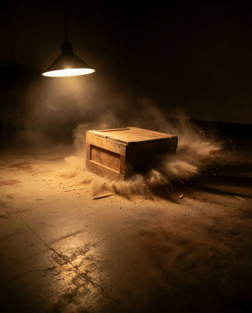 A single heavy wooden crate resting on a bare concrete floor, a faint ripple of dust spreading outward from where it landed, lit by one low lamp