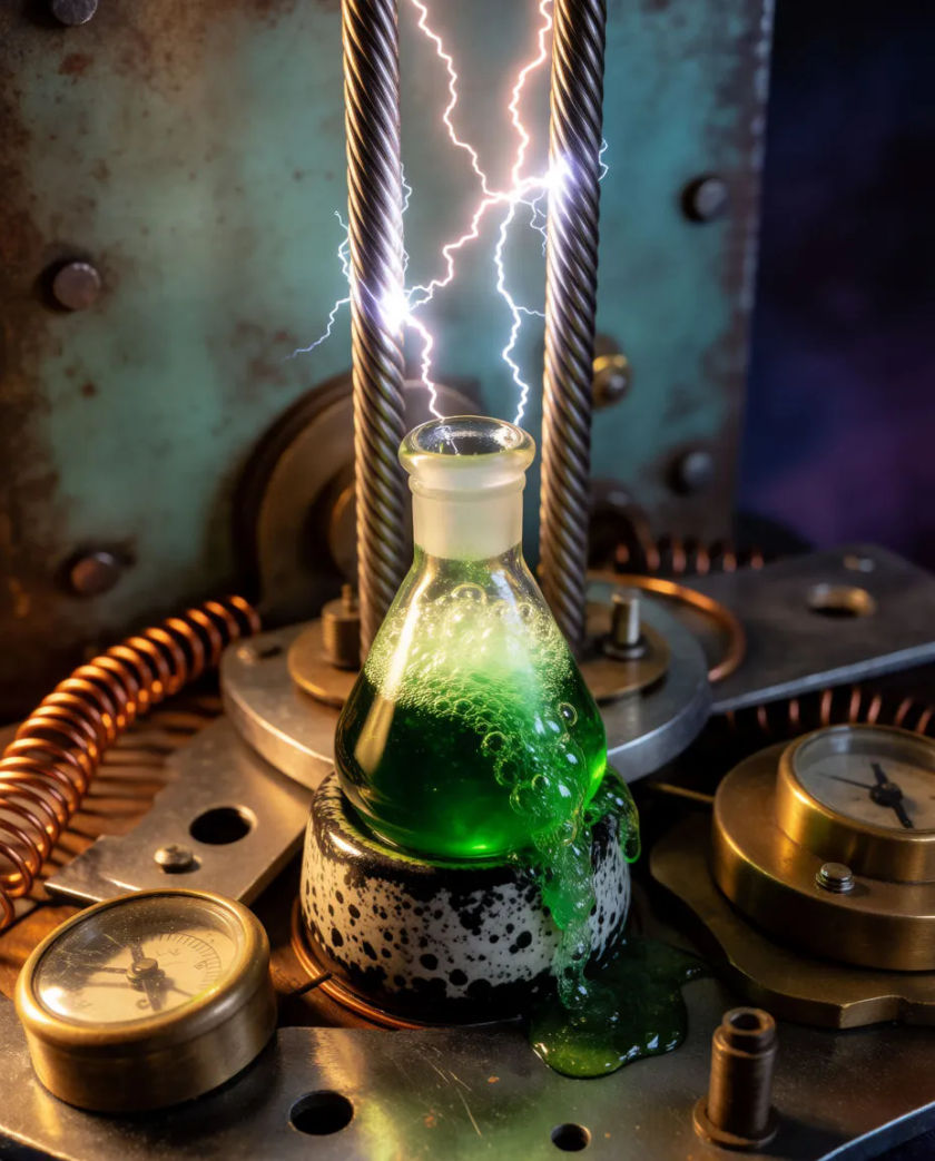 A glass flask of glowing green liquid bubbling over a clutter of brass dials and copper wire on a wooden bench, sparks jumping between two steel rods behind it